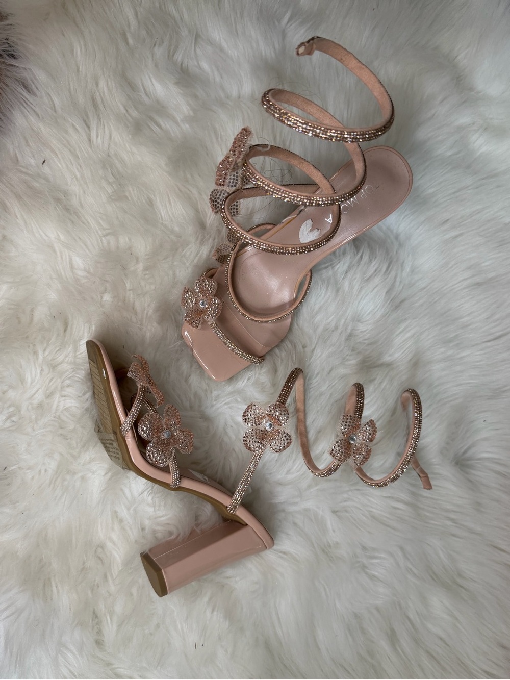 TOP Moda Rose Gold Floral Spiral Strap Block Heels